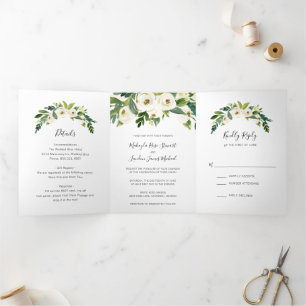 Elegante witte waterverfrozen groen wedding drieluik uitnodiging
