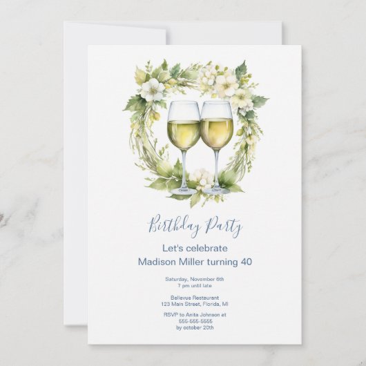 Elegante witte wijn bloemen volwassengeburtstag kaart (Voorkant)