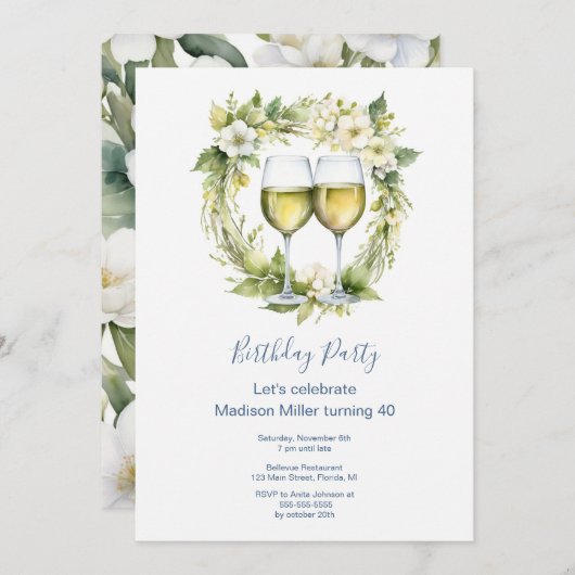 Elegante witte wijn bloemen volwassengeburtstag kaart (Voorkant / Achterkant)
