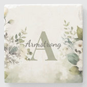 Elegante witte Wildbloemen & groen Monogram Stenen Onderzetter (Voorkant)