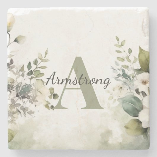 Elegante witte Wildbloemen & groen Monogram Stenen Onderzetter (Voorkant)