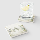 Elegante witte wilde bloemen & groen monogram  stenen onderzetter (Zijkant)