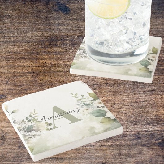 Elegante witte wilde bloemen & groen monogram  stenen onderzetter