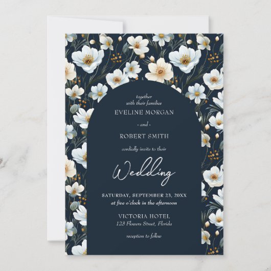 Elegante witte wilde bloemen weide blauwe boog kaart (Voorkant)