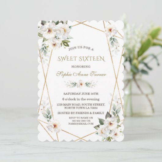 Elegante Witte Wilde Rozen Gouden Sweet Sixteen  Kaart (Staand voorkant)
