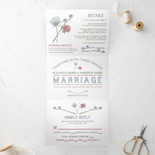 Elegante witte, Wildflower bruiloft suite Drieluik Uitnodiging (Binnen)