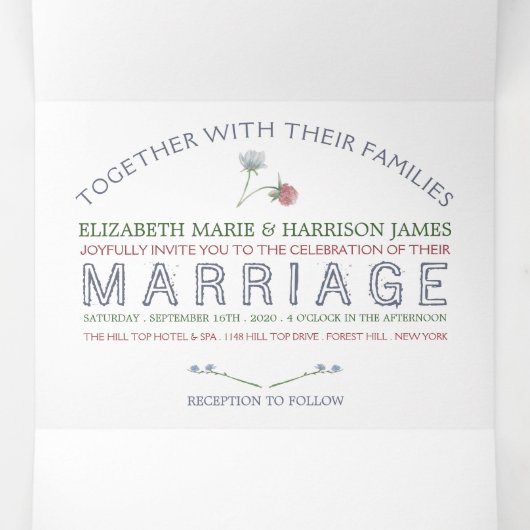 Elegante witte, Wildflower bruiloft suite Drieluik Uitnodiging (Binnenkant midden)