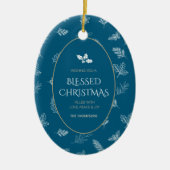 Elegante Witte Winter Bladeren Blauwe Mistletoe Keramisch Ornament (Voorkant)