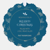 Elegante Witte Winter Bladeren Mistletoe Blauw Ornament Kaart (Voorkant)