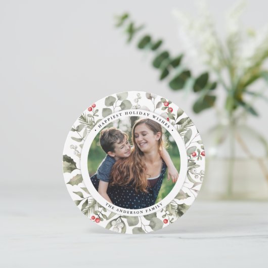 Elegante witte winter groen krans foto rond feestdagenkaart (Staand voorkant)