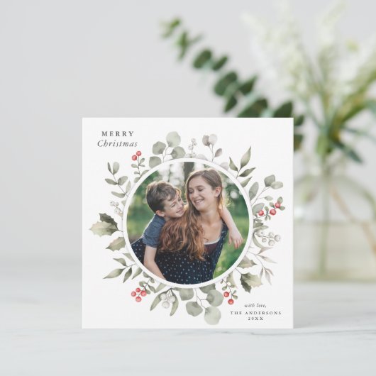 Elegante witte winter groen krans fotoplein feestdagenkaart (Staand voorkant)