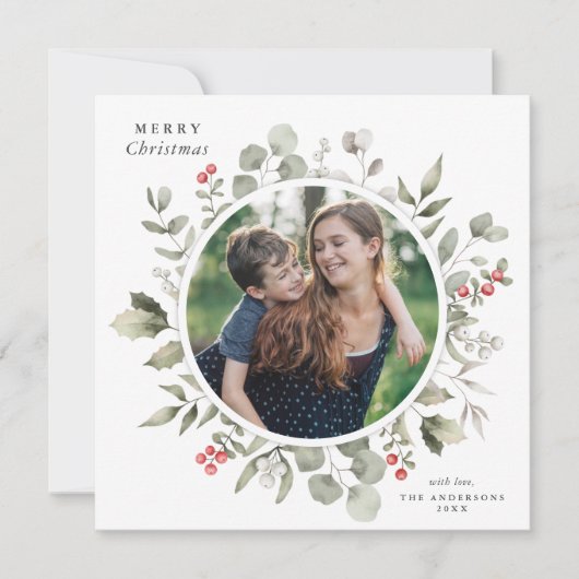 Elegante witte winter groen krans fotoplein feestdagenkaart (Voorkant)
