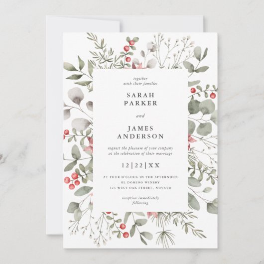 Elegante witte winter Waterverf groen bruiloft Kaart (Voorkant)