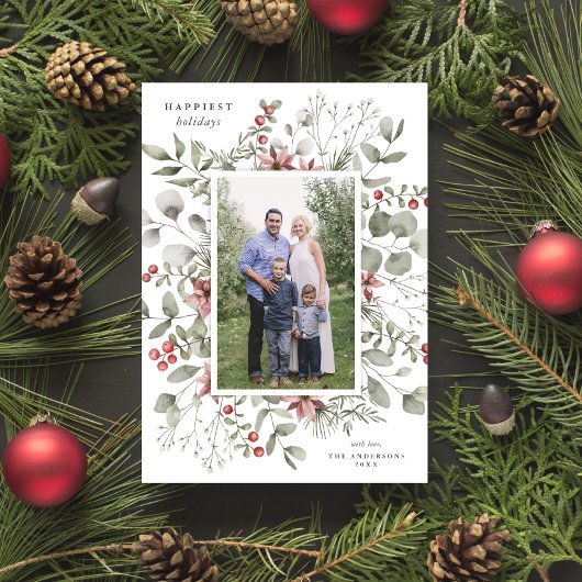 Elegante witte winter Waterverf groen foto Feestdagenkaart