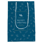 Elegante witte winterbladeren Mistletoe Blue Medium Cadeauzakje (Achterkant)