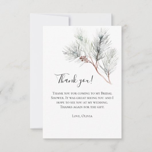 Elegante Witte Winterdennen Bruidsdouche Bedankkaart (Voorkant)