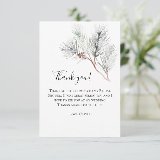 Elegante Witte Winterdennen Bruidsdouche Bedankkaart (Staand voorkant)