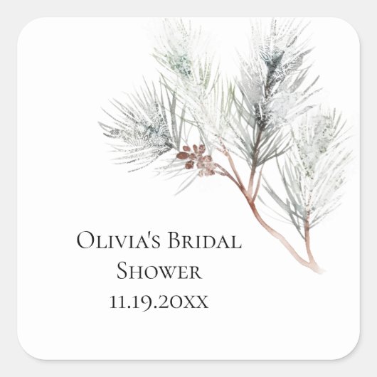 Elegante Witte Winterdennen Bruidsdouche Vierkante Sticker (Voorkant)