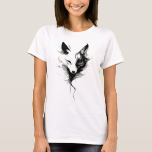 Elegante Witte Wolfskunst in Zwarte Inkt T-shirt