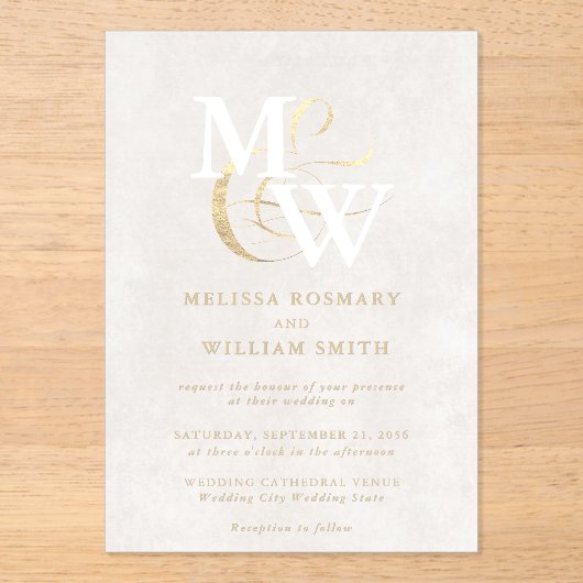 Elegante Witte Zee Glas Monogram Gouden Huwelijk Acryl Uitnodigingen (Voorkant)
