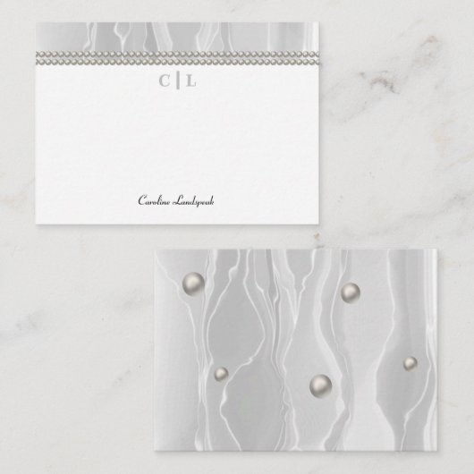 Elegante witte zijde & parels monogram notitiekaartje (Voorkant / Achterkant)