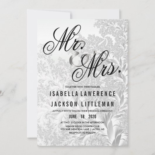 Elegante witte zilveren fractal bruiloft kaart (Voorkant)