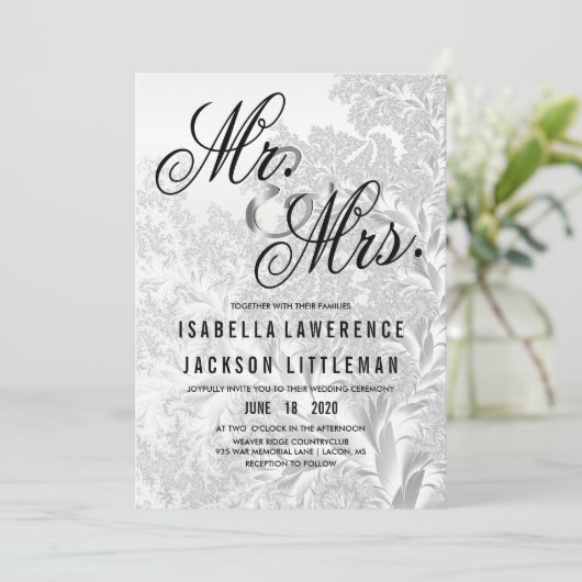 Elegante witte zilveren fractal bruiloft kaart (Staand voorkant)