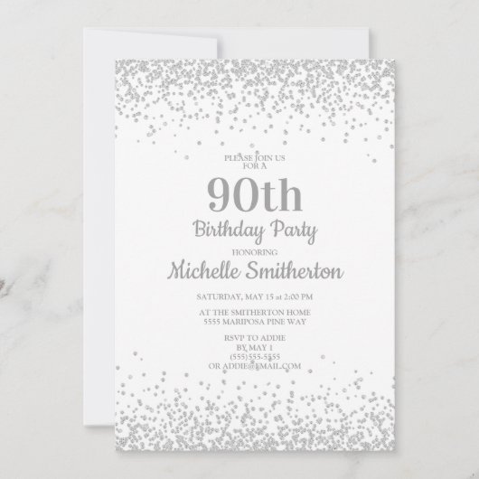 Elegante witte zilveren glitter 90ste verjaardag kaart (Voorkant)