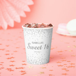 Elegante Witte Zilveren Glitter Sweet 16 Naam Papieren Bekers