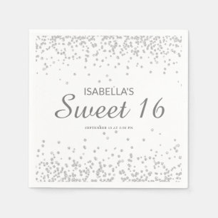 Elegante Witte Zilveren Glitter Sweet 16 Naam Servet