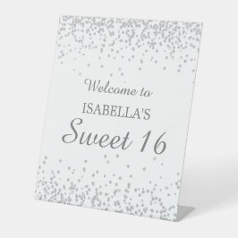 Elegante witte zilveren glitter Sweet 16 welkomstn Reclamebord Met Voetstuk
