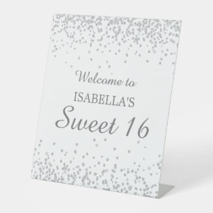 Elegante witte zilveren glitter Sweet 16 welkomstn Reclamebord Met Voetstuk