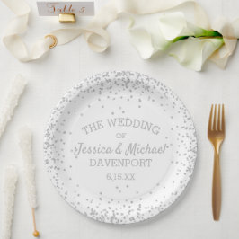 Elegante witte zilveren glitters bruiloftsreceptie papieren bordje