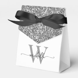 Elegante witte zilveren glitterscript monogram naa bedankdoosjes