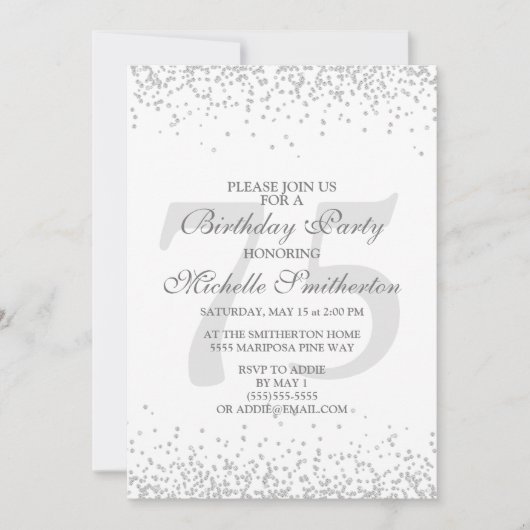 Elegante witte zilveren grijze glitter 75e verjaar kaart (Voorkant)