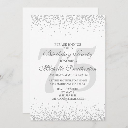 Elegante witte zilveren grijze glitter 75e verjaar kaart (Voorkant / Achterkant)
