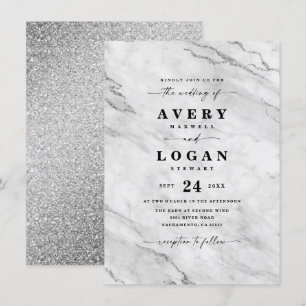 Elegante witte & zilveren marmeren & glitter bruil kaart