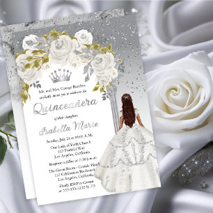 Elegante witte zilveren roos bloemige Quinceañera- Folie Uitnodiging