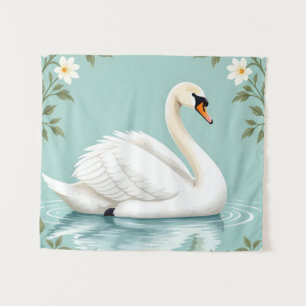 Elegante witte zwaan bloemachtig blauw wandkleed