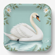 Elegante witte zwaan bloemmotief blauw
