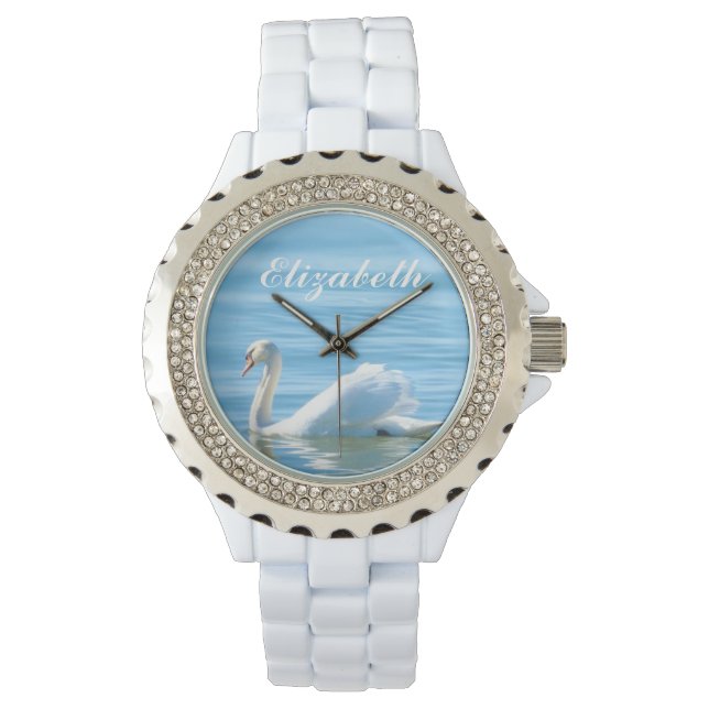 Elegante witte zwaan gepersonaliseerde naam horloge (Voorkant)