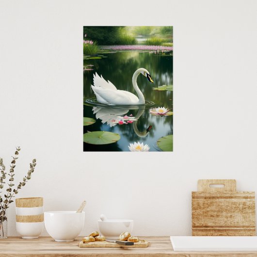 Elegante witte zwaan in een Forest River Art Print (Keuken)