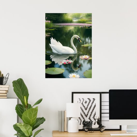 Elegante witte zwaan in een Forest River Art Print (Thuiskantoor)