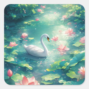 Elegante Witte Zwaan in Lelie Vijver Vierkante Sticker