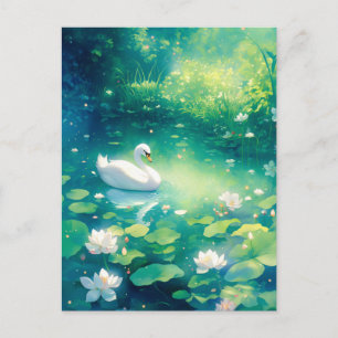 Elegante Witte Zwaan in Lichtgevend Lelie Vijver Briefkaart