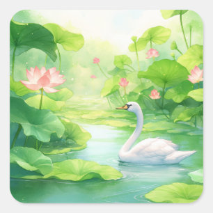 Elegante Witte Zwaan in Zonnige Lelie Vijver Vierkante Sticker
