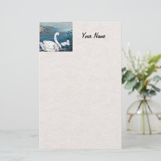 Elegante witte zwaan met Baby Briefpapier (Staand voorkant)