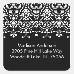 Elegante witte & zwarte damast adres vierkante sti sticker