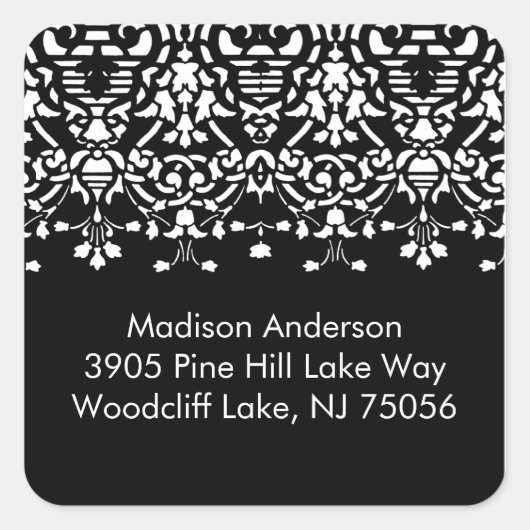 Elegante witte & zwarte damast adres vierkante sti vierkante sticker (Voorkant)