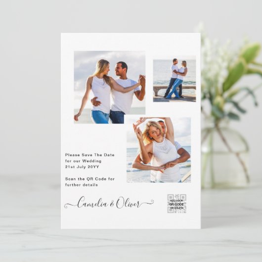 Elegante witte & zwarte foto trouwkaart QR Kaart (Staand voorkant)